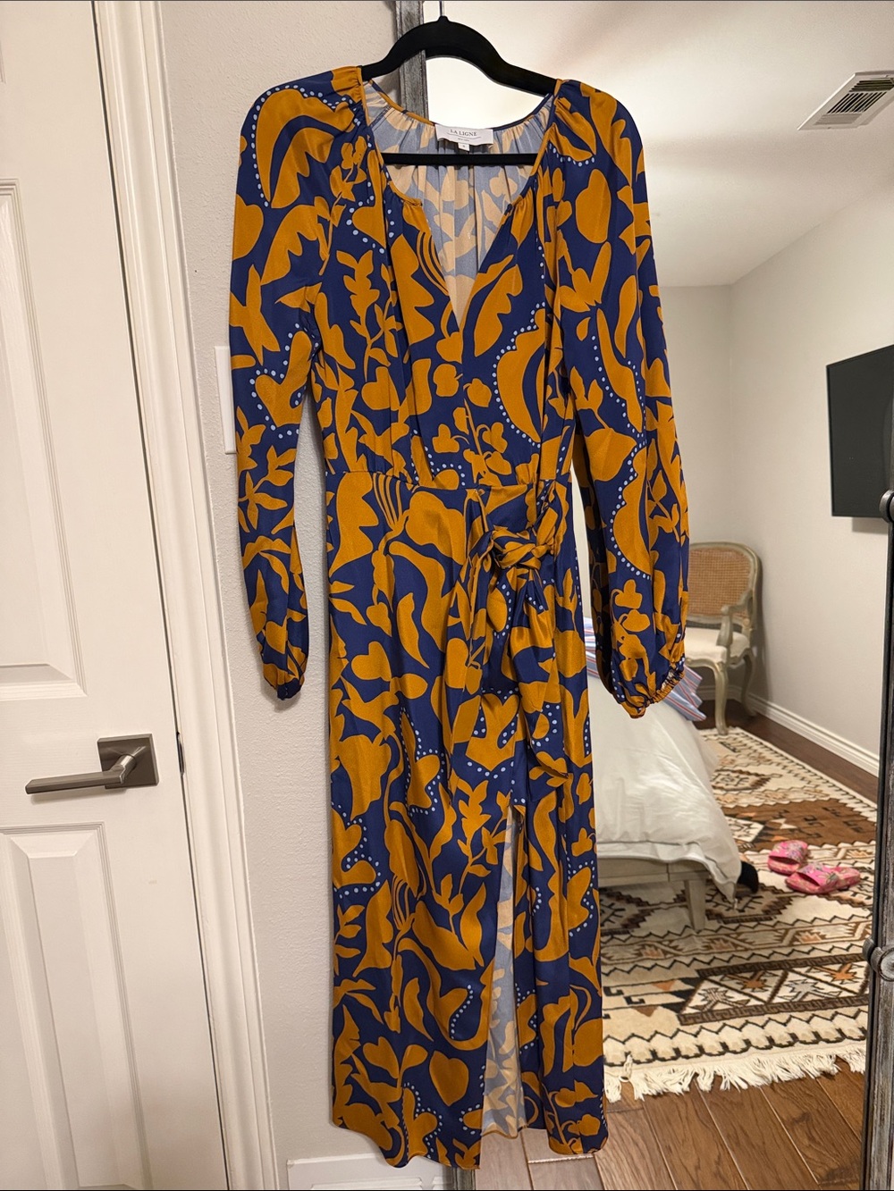 La Ligne Long Sleeve Blue and Mustard Silk Wrap Dress